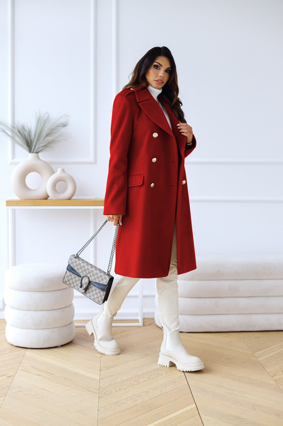 Women’s Classic Long Coat Gold Button Double-Breasted Style