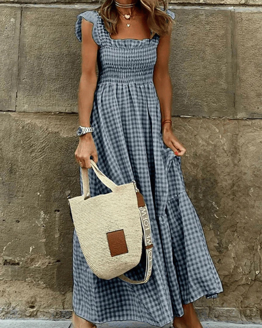 Maxikleid Sommer Damen mit Elastischem Oberteil und Retro-Caroma-Muster aus Atmungsaktiver Baumwolle, Ideal für Strand- und Stadtbesuche
