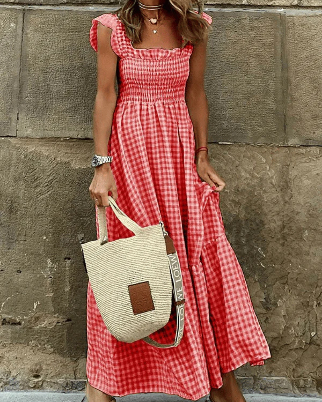 Variant image for Maxikleid Sommer Damen mit Elastischem Oberteil und Retro-Caroma-Muster aus Atmungsaktiver Baumwolle, Ideal für Strand- und Stadtbesuche-7