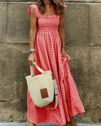 Variant image for Maxikleid Sommer Damen mit Elastischem Oberteil und Retro-Caroma-Muster aus Atmungsaktiver Baumwolle, Ideal für Strand- und Stadtbesuche-7