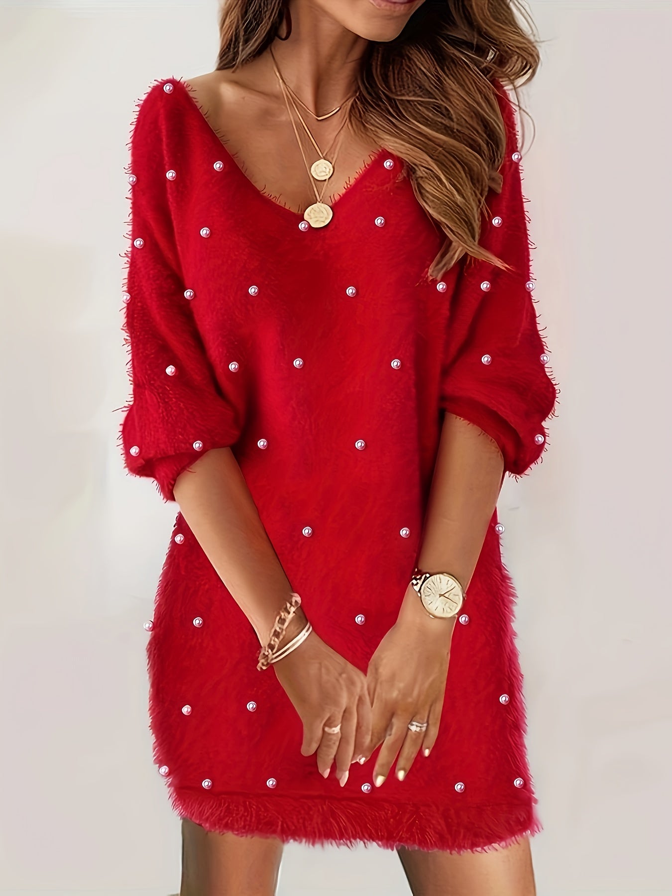 Women's Elegant V-Neck Pearl Detail Christmas Dress