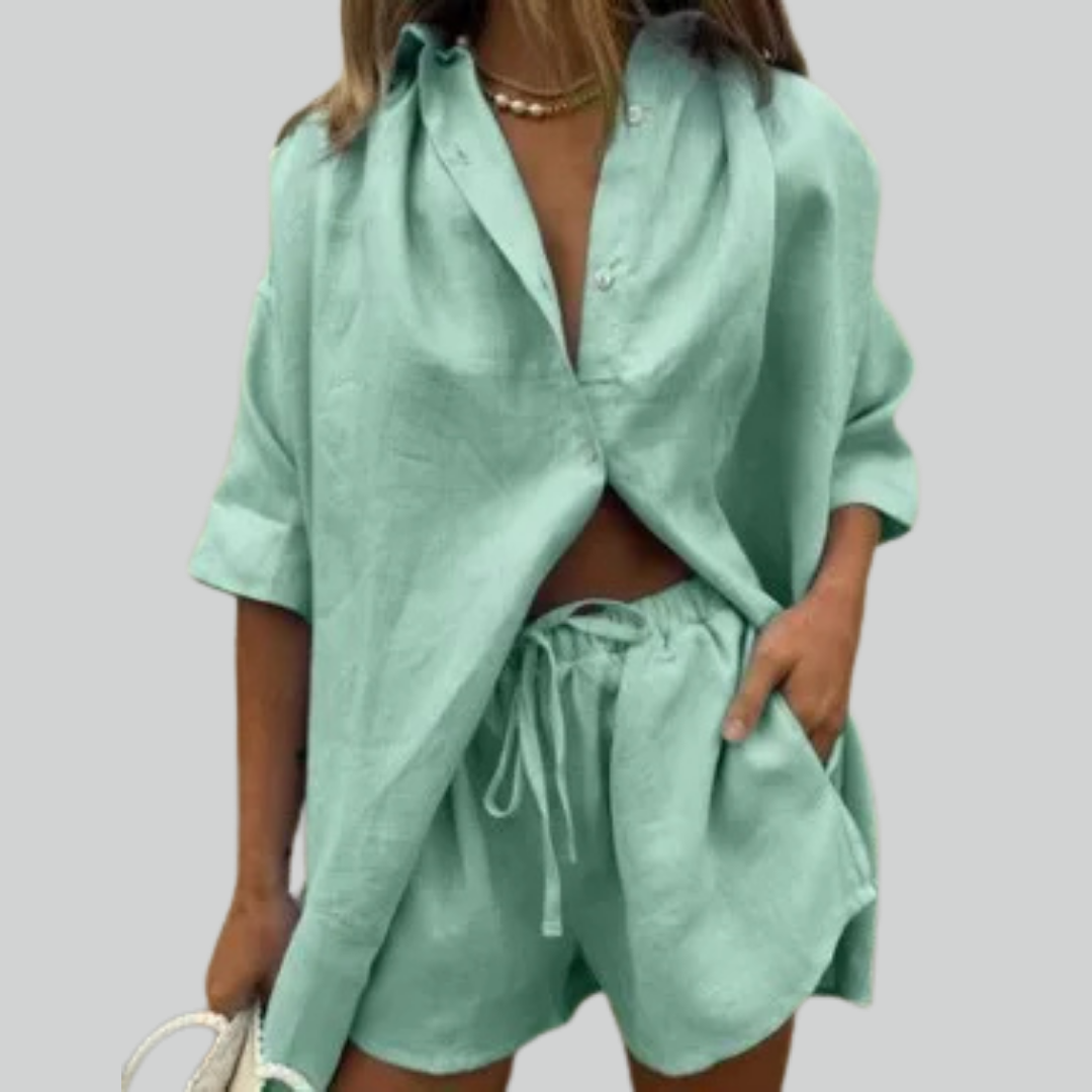 Modisches Hemd Set – Lässige Kurzarm-Oberteile Damen mit Kordel-Shorts für Entspannte Tage Zuhause-6