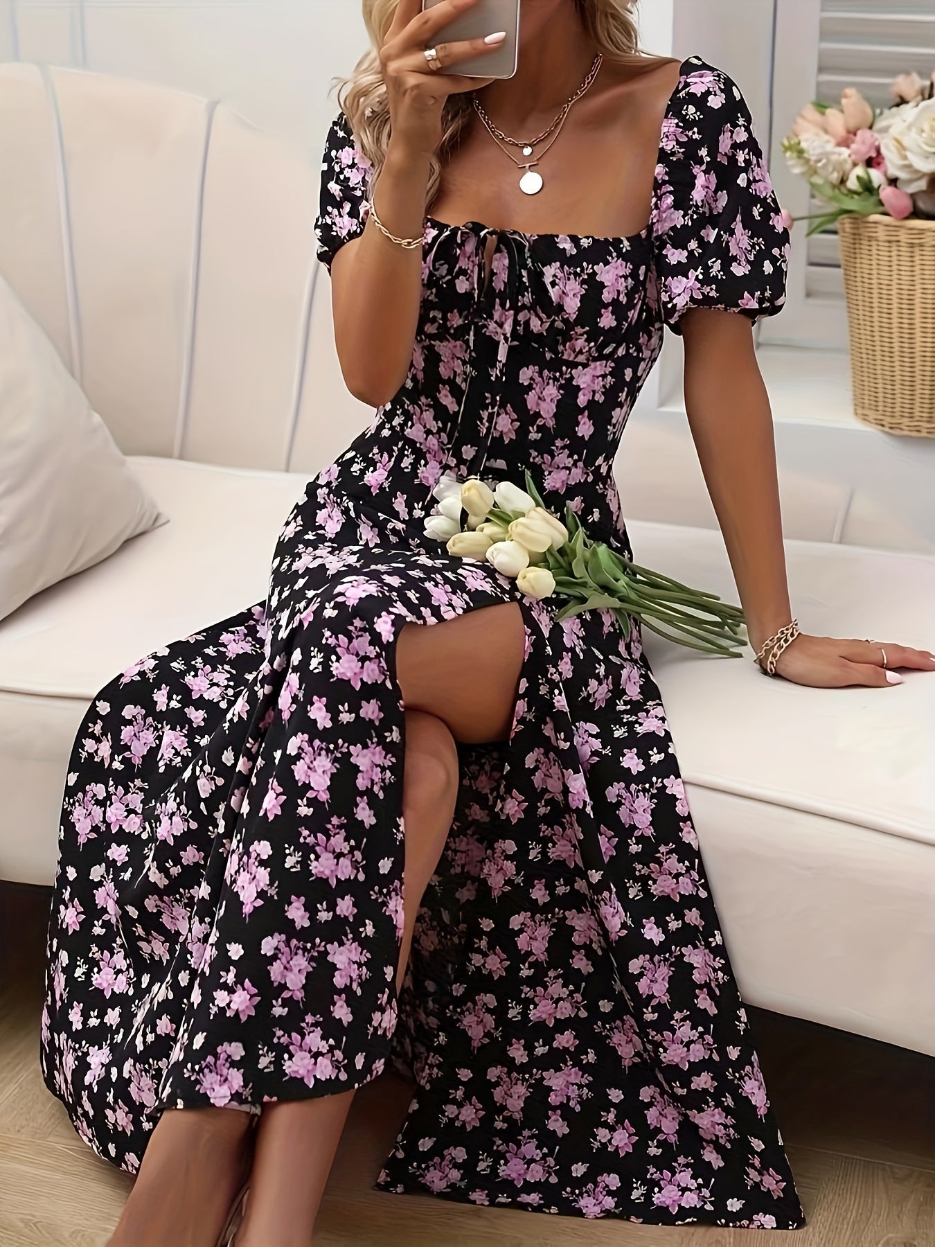 A-Linien Blumen-Sommerkleid mit Puffärmeln für Damen - Leichtes Festliches Kleid für Hochzeitsgäste