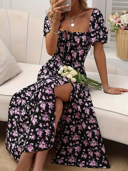 A-Linien Blumen-Sommerkleid mit Puffärmeln für Damen - Leichtes Festliches Kleid für Hochzeitsgäste