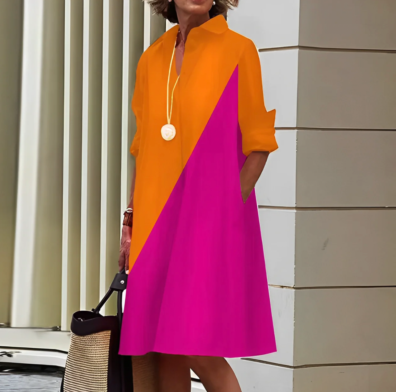 A-Linien Polo-Kleid Damen 3/4-Ärmel Leichtes Frühlingskleid in Rot Schwarz Weiß