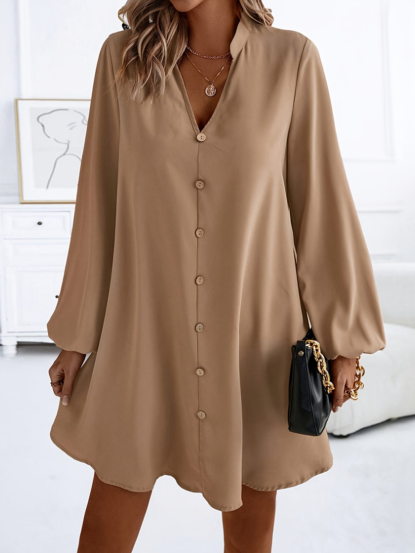 Variant image for Luftiges Damenkleid mit V-Ausschnitt und langen Ärmeln, lockere Passform, Sommer Midi Kleid für Freizeit und Büro-16
