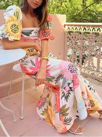 Elegantes Blumenmaxikleid Damen – Vielseitiges Maxikleid Sommer für Hochzeiten und Freizeit, Leichter Stoff, Lange Kleider