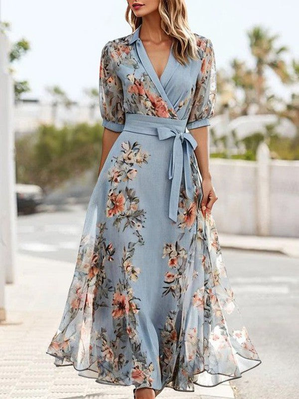 Elegantes Midi-Kleid mit Kurzen Ärmeln und V-Ausschnitt für Festliche Anlässe – Damenkleid für Jede Gelegenheit