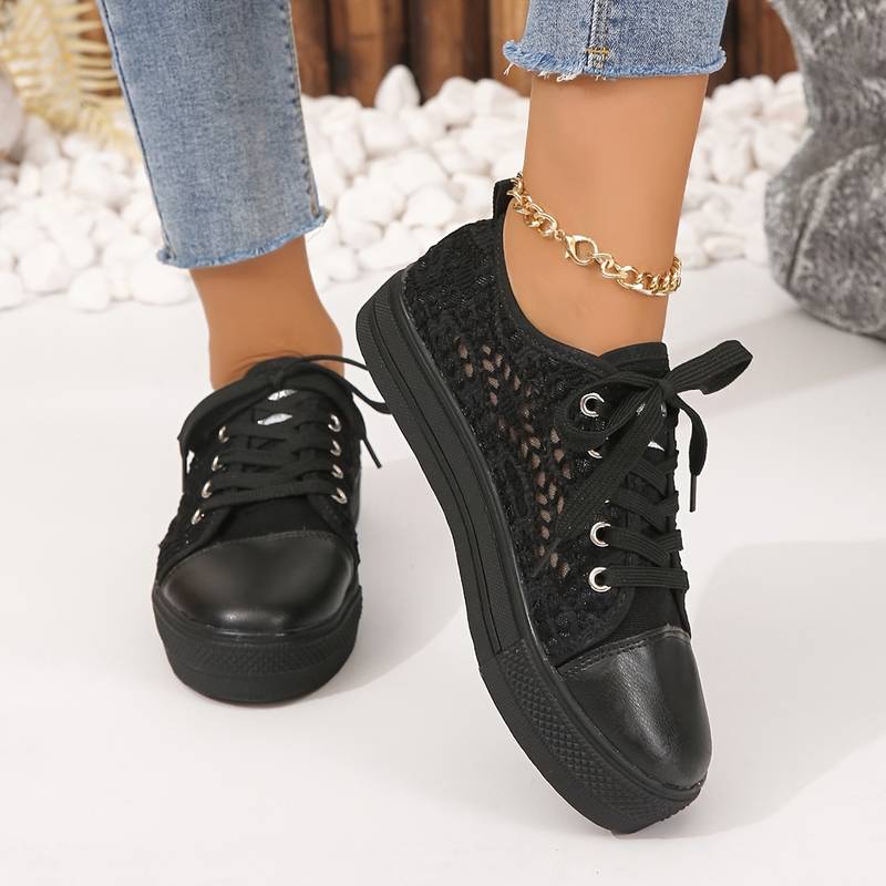 Spitzen-Sneaker Damen, Atmungsaktives und Komfortables Design, Elegantes Schwarz-Weiß Design-5