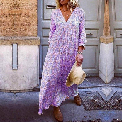 Trendiges V-Ausschnitt Damenkleid mit Auffälligen Drucken für Frühling und Sommer, Umweltfreundlicher Stoff, Bequeme Passform