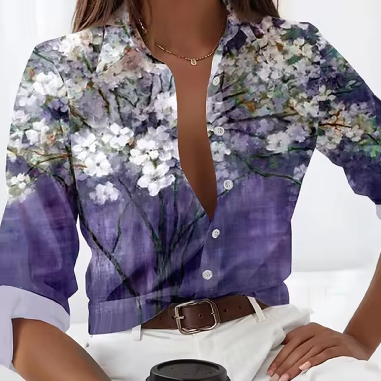 Blumenmusterbluse - Leichte Langarm Damenbluse für Sommerausflüge-5
