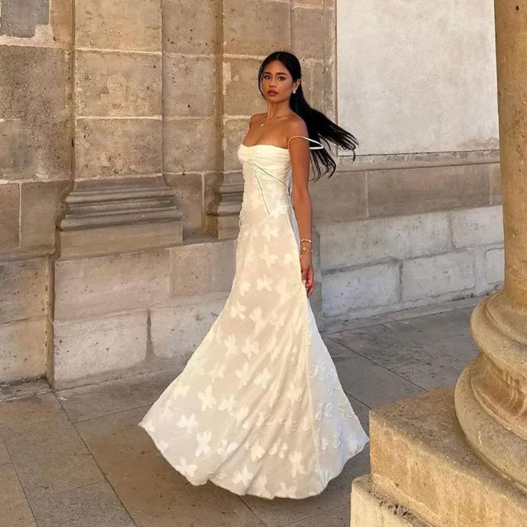 Langes Blumen-Jacquard Bustier Kleid für Damen - Elegantes Hochzeitsgast Kleid und Festliches Kleid