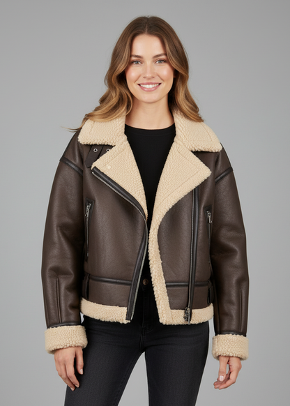 Damen Kurzjacke mit Teddykragen und Reißverschlussdetails