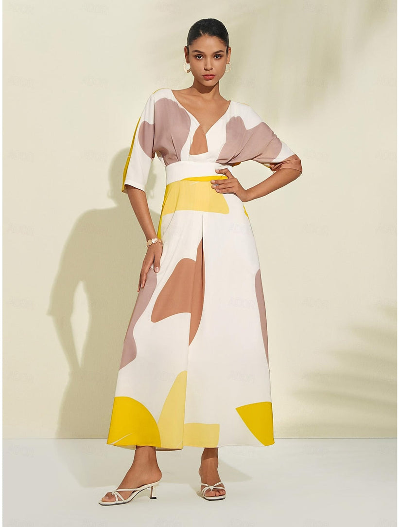 Elegantes Langes Sommerkleid Damen Mit Verspieltem Ausschnitt Und Drei Viertelhülsen Für Lässige Und Besondere Anlässe