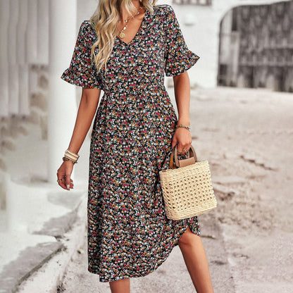 Elegantes Blumendruck Midi Kleid - Festliches Damenkleid für Hochzeitsgäste und gesellschaftliche Anlässe