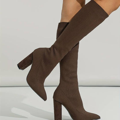 Women’s Stretch Fit Knee High Boots Elegant Pointed Toe with Block Heel