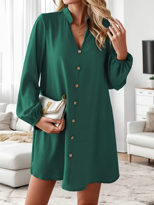 Luftiges Damenkleid mit V-Ausschnitt und langen Ärmeln, lockere Passform, Sommer Midi Kleid für Freizeit und Büro