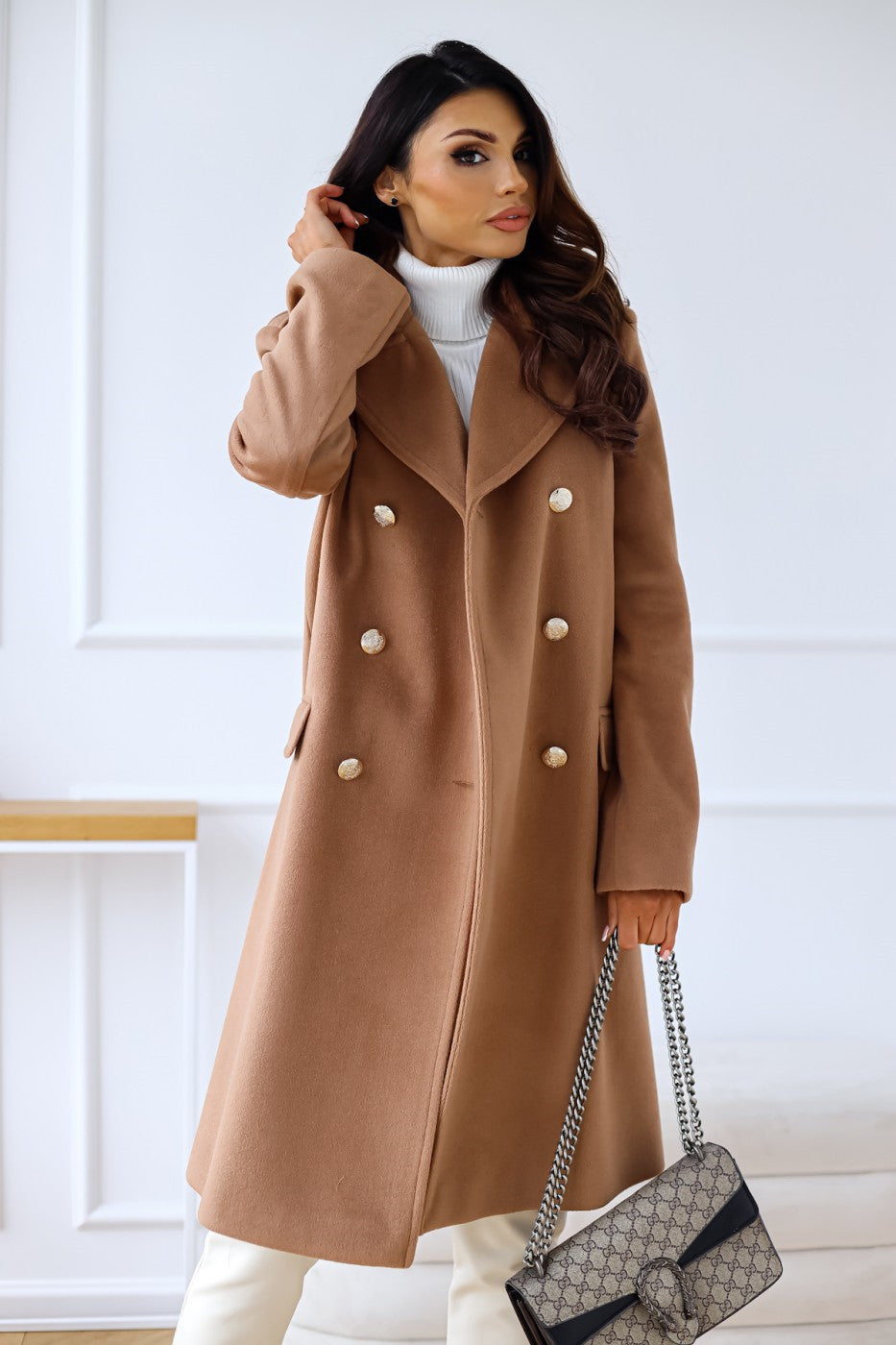 Women’s Classic Long Coat Gold Button Double-Breasted Style