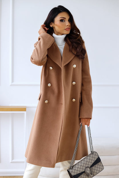 Women’s Classic Long Coat Gold Button Double-Breasted Style