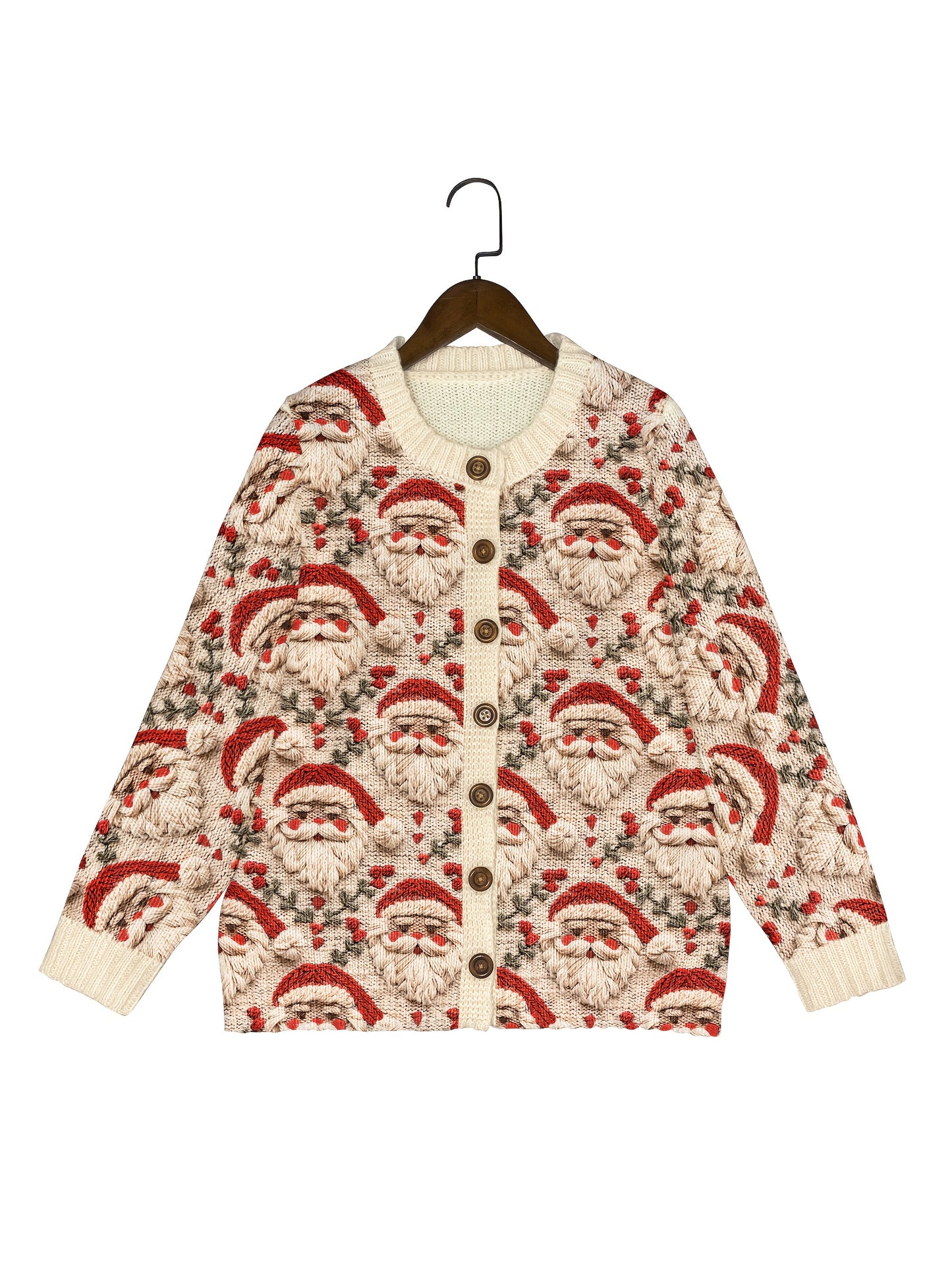 Women’s Holiday Button-Up Cardigan Santa Claus Embroidered Sweater for Winter