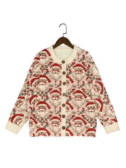 Women’s Holiday Button-Up Cardigan Santa Claus Embroidered Sweater for Winter