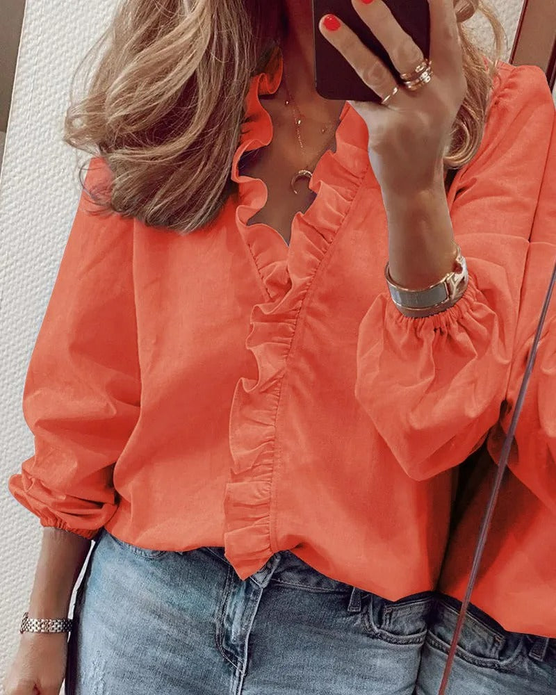Elegante Damenbluse Mit V-Ausschnitt Und Rüschen - Vielseitige Baumwolloberteil Für Büro Und Freizeit-4