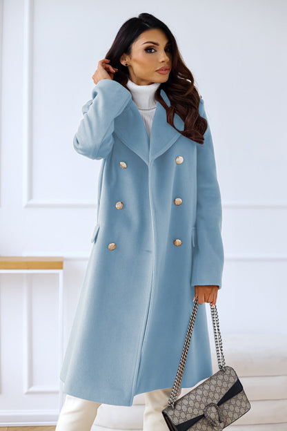 Women’s Classic Long Coat Gold Button Double-Breasted Style