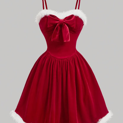 Elegant Red Christmas Midi Dress with Big Bow