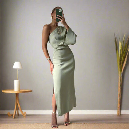 Elegantes Midi-Kleid mit Asymmetrischer Schulter und Langen Ärmeln für Damen – Festliche Kleider für Diverse Anlässe
