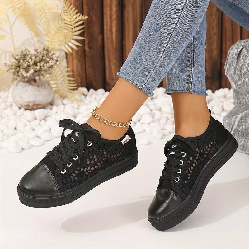 Spitzen-Sneaker Damen, Atmungsaktives und Komfortables Design, Elegantes Schwarz-Weiß Design-6