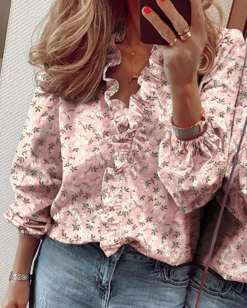 Elegante Damenbluse Mit V-Ausschnitt Und Rüschen - Vielseitige Baumwolloberteil Für Büro Und Freizeit-2