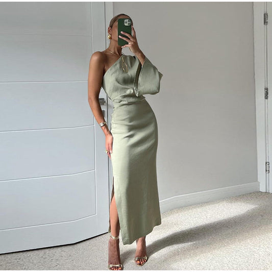 Elegantes Midi-Kleid mit Asymmetrischer Schulter und Langen Ärmeln für Damen – Festliche Kleider für Diverse Anlässe