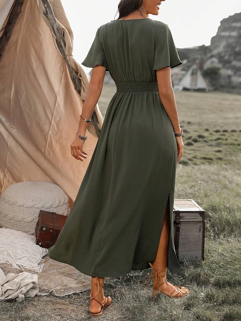 Elegantes Damenkleid Mit Breiten Ärmeln Und Stilvollem Ausschnitt Für Festliche Anlässe Und Freizeit