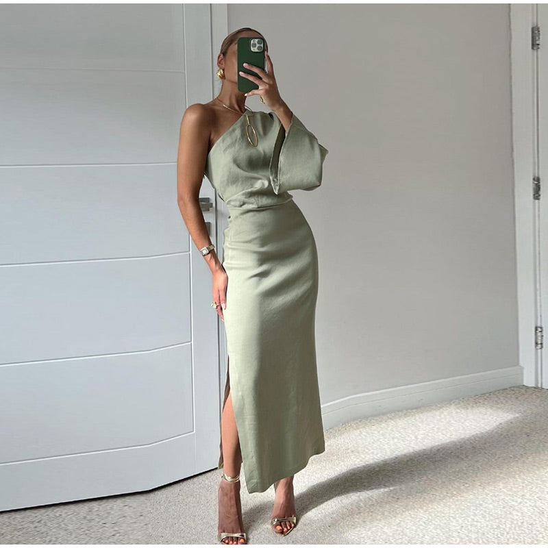 Elegantes Midi-Kleid mit Asymmetrischer Schulter und Langen Ärmeln für Damen – Festliche Kleider für Diverse Anlässe