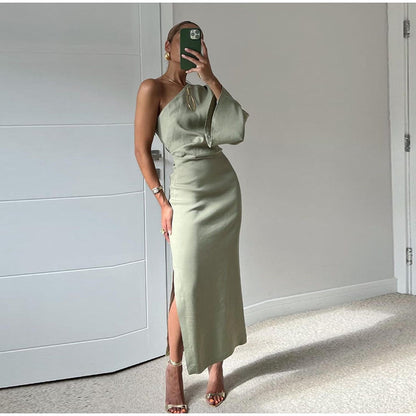 Elegantes Midi-Kleid mit Asymmetrischer Schulter und Langen Ärmeln für Damen – Festliche Kleider für Diverse Anlässe