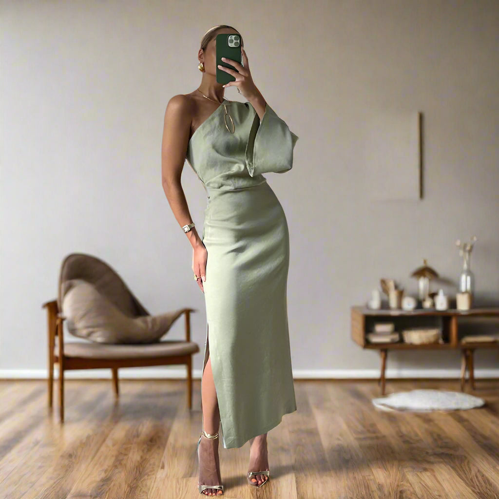 Elegantes Midi-Kleid mit Asymmetrischer Schulter und Langen Ärmeln für Damen – Festliche Kleider für Diverse Anlässe