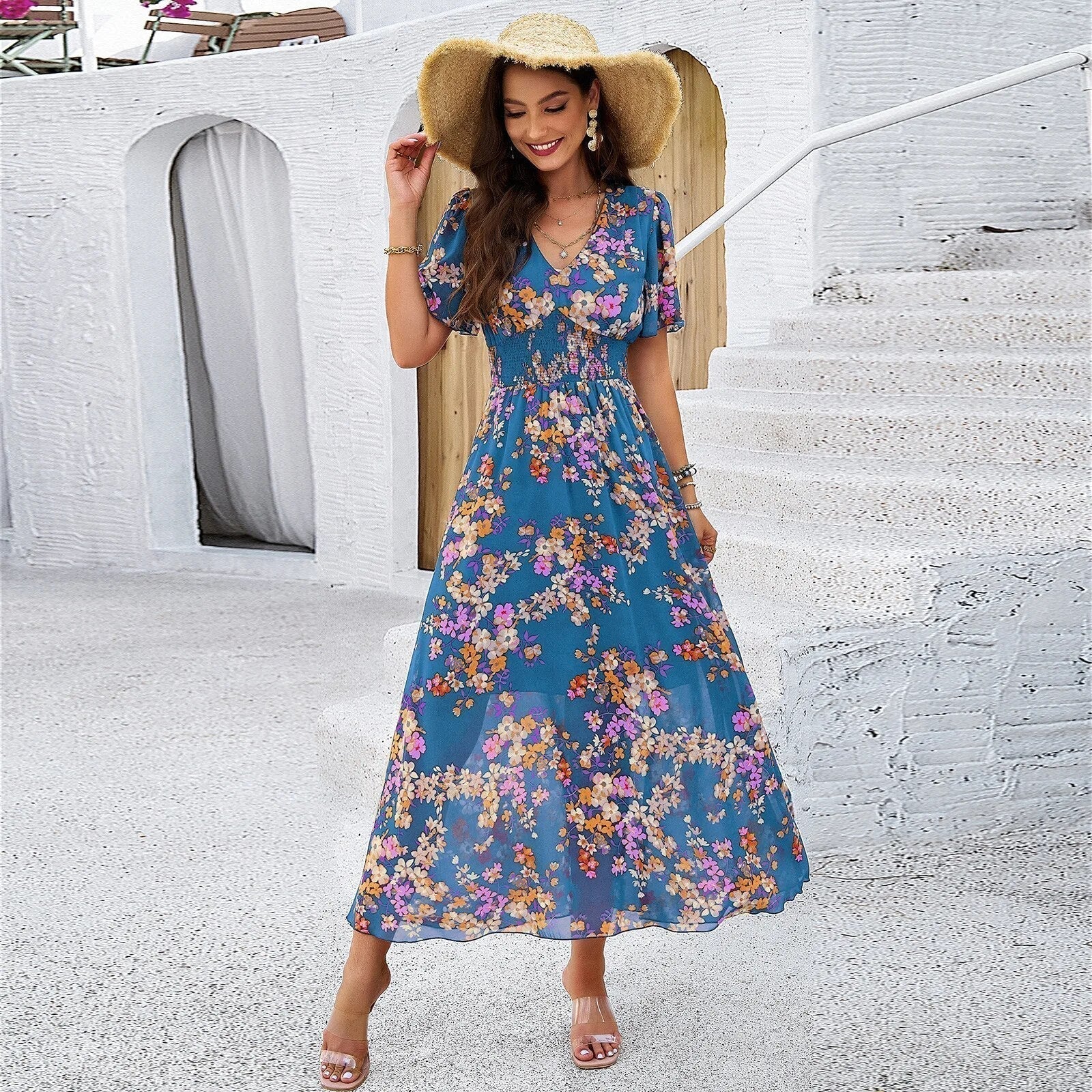 Variant image for Blumendruck Damenkleid Sommer - Elegante Freizeit- und Abendmode, Leichte Bequeme Passform, Knielang-11