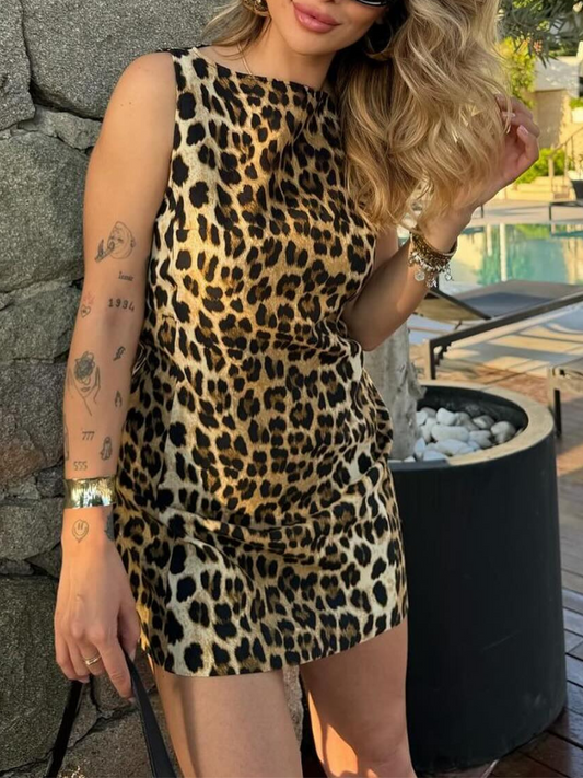 Leopardenmuster Mini-Kleid Damen - Stylisches Festliches Kleid für Lässige und Festliche Anlässe