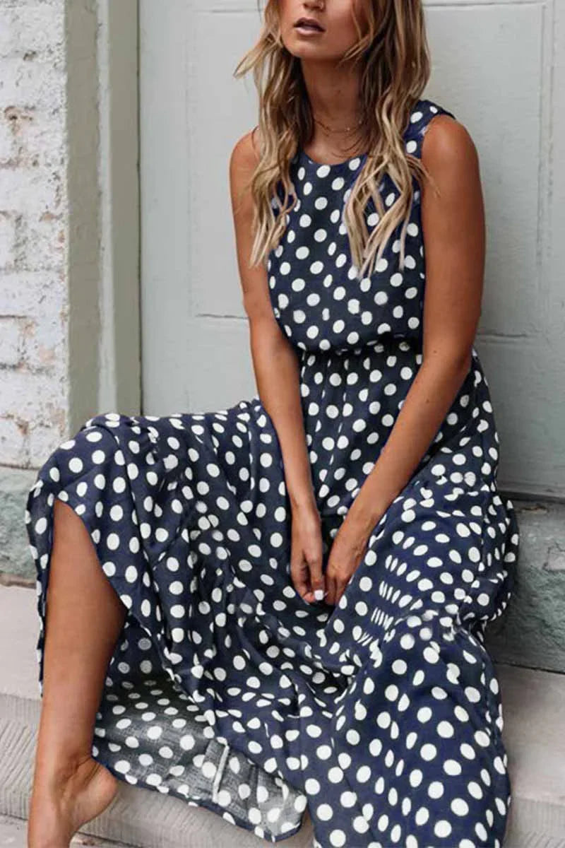 Women’s Polka Dot Maxi Dress Flowing Sleeveless Casual Look