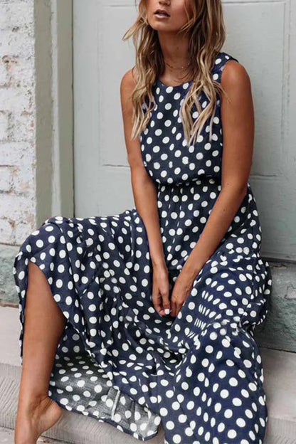 Women’s Polka Dot Maxi Dress Flowing Sleeveless Casual Look