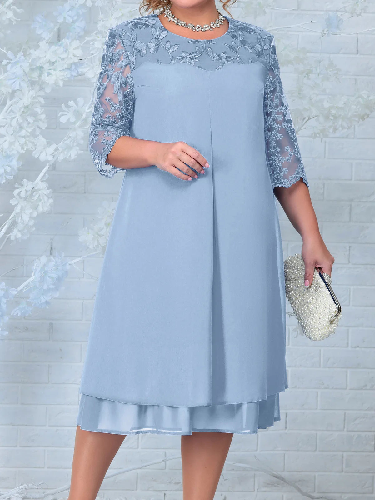 Variant image for Elegantes Plus-Size-Frauenkleid Für Formelle Anlässe, Stilvolles Hochzeits-Gastkleid, Komfortables Knielanges Design-9