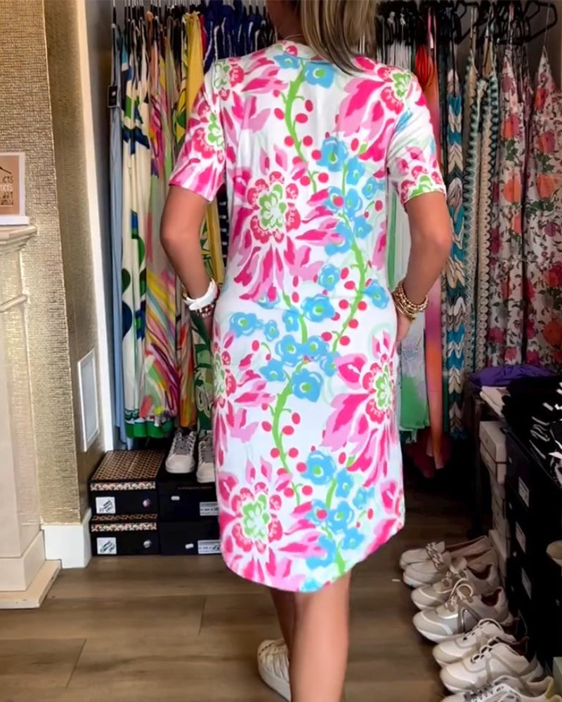Blumen MIDI-Kleid Damen, Kurzarm V-Ausschnitt Sommerkleid aus weicher Baumwollmischung, lässig und urlaubsbereit