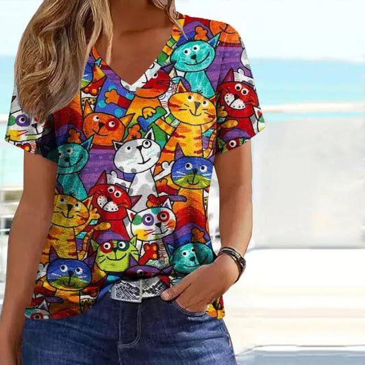 Buntes Katzendruck T-Shirt Damen Mit Kurzarm Und V-Ausschnitt Aus Baumwollmischung-1