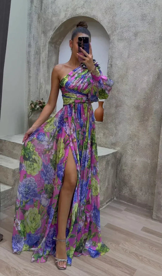 Ein-Schulter Blumenkleid für Damen, Elegantes Asymmetrisches Kleid für Hochzeitsgäste und Festliche Anlässe