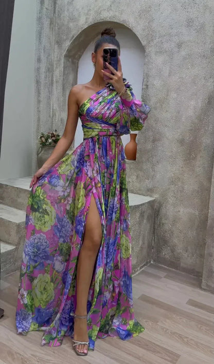 Ein-Schulter Blumenkleid für Damen, Elegantes Asymmetrisches Kleid für Hochzeitsgäste und Festliche Anlässe