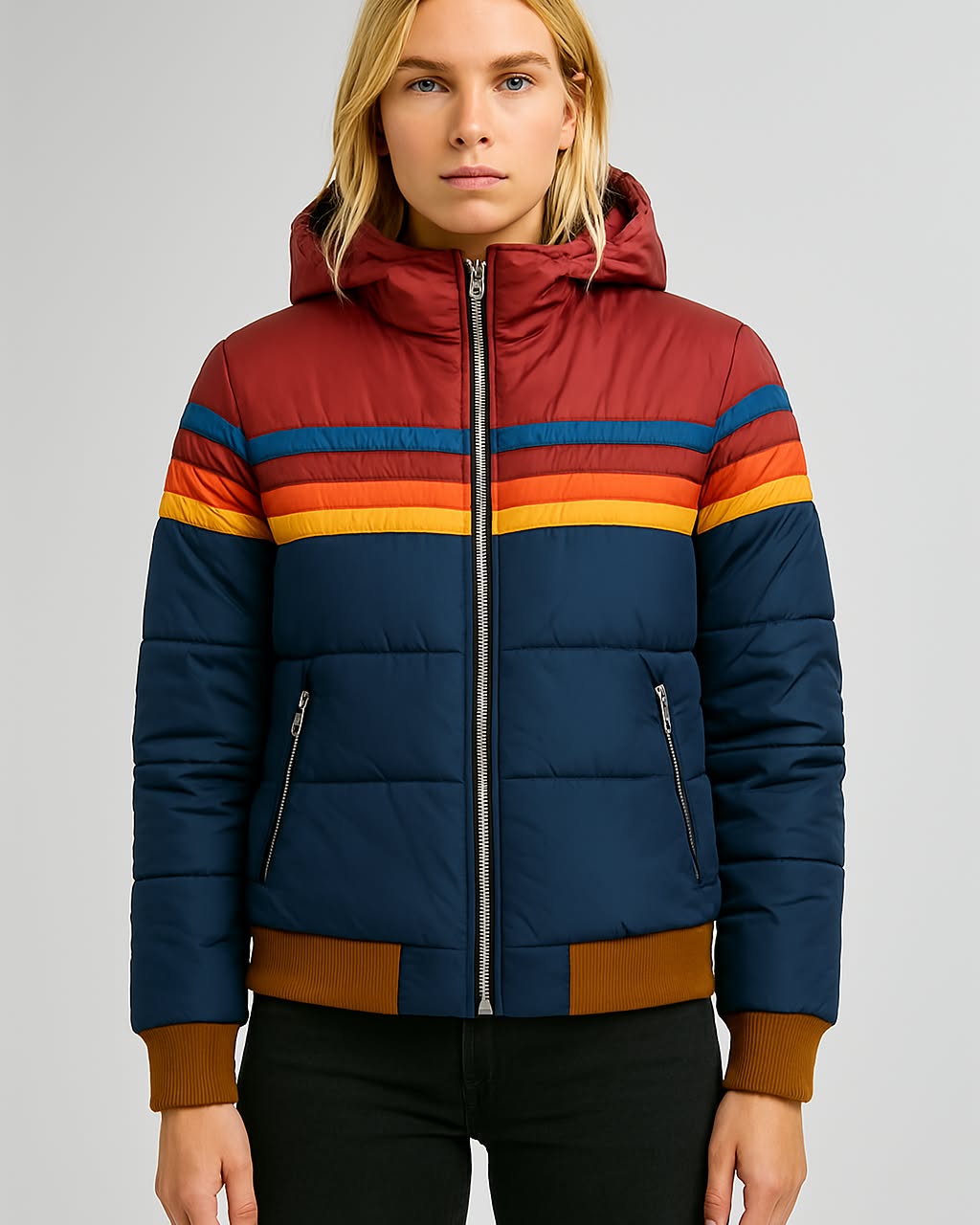 Women’s Warm Waterproof Puffer Jacket Stylish Colorblock for Winter