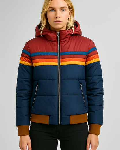 Women’s Warm Waterproof Puffer Jacket Stylish Colorblock for Winter