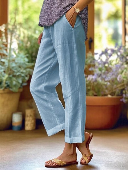 Locker Sitzende Leinenhose Damen, Atmungsaktive Casualhose mit Weitem Bein-5