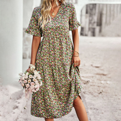 Elegantes Blumendruck Midi Kleid - Festliches Damenkleid für Hochzeitsgäste und gesellschaftliche Anlässe