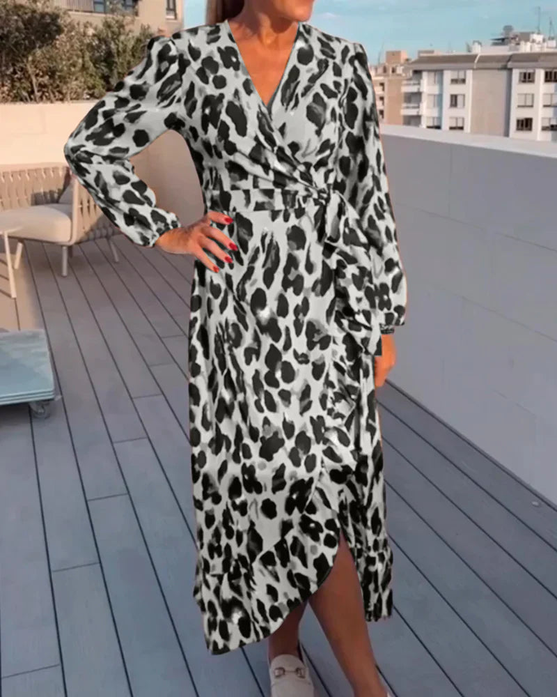 Variant image for V-Ausschnitt A-Linie Langarm Midi Kleid mit Leopardenmuster für Damen – Stilvolles Festliches Kleid aus Baumwollmischung-7